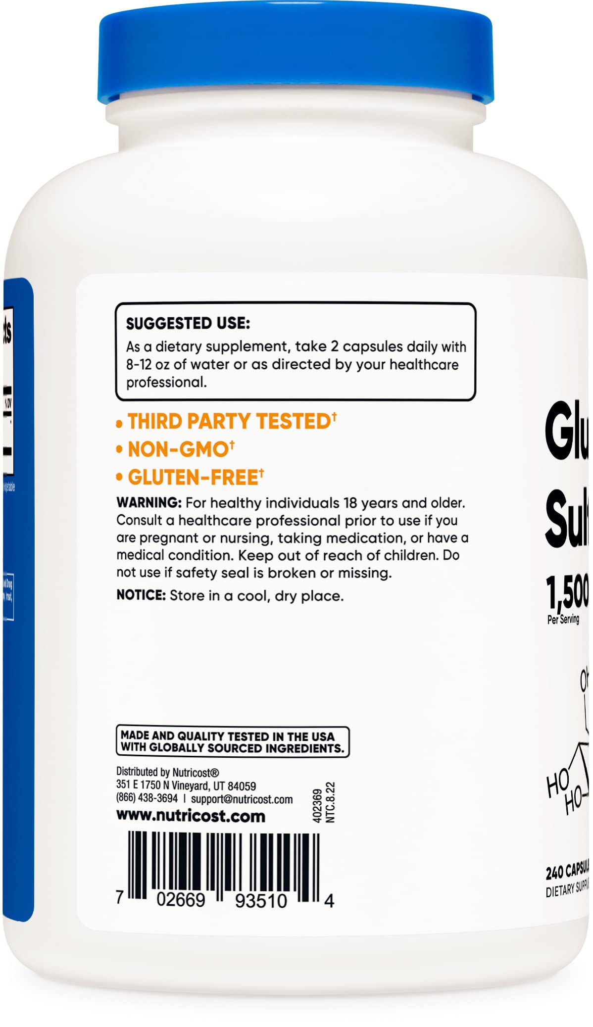 Foto 5 pulgar | Suplemento Nutricost Sulfato De Glucosamina 750 Mg 240 Cápsulas - Venta Internacional.