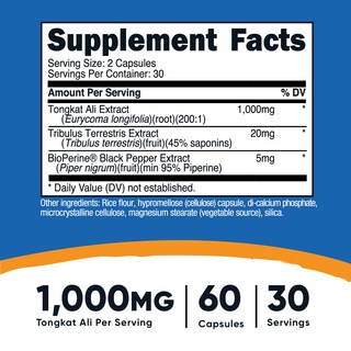 Foto 2 | Suplemento Nutricost Tongkat Ali, 1 G, 60 Cápsulas Con Tribulus Terrestris - Venta Internacional.
