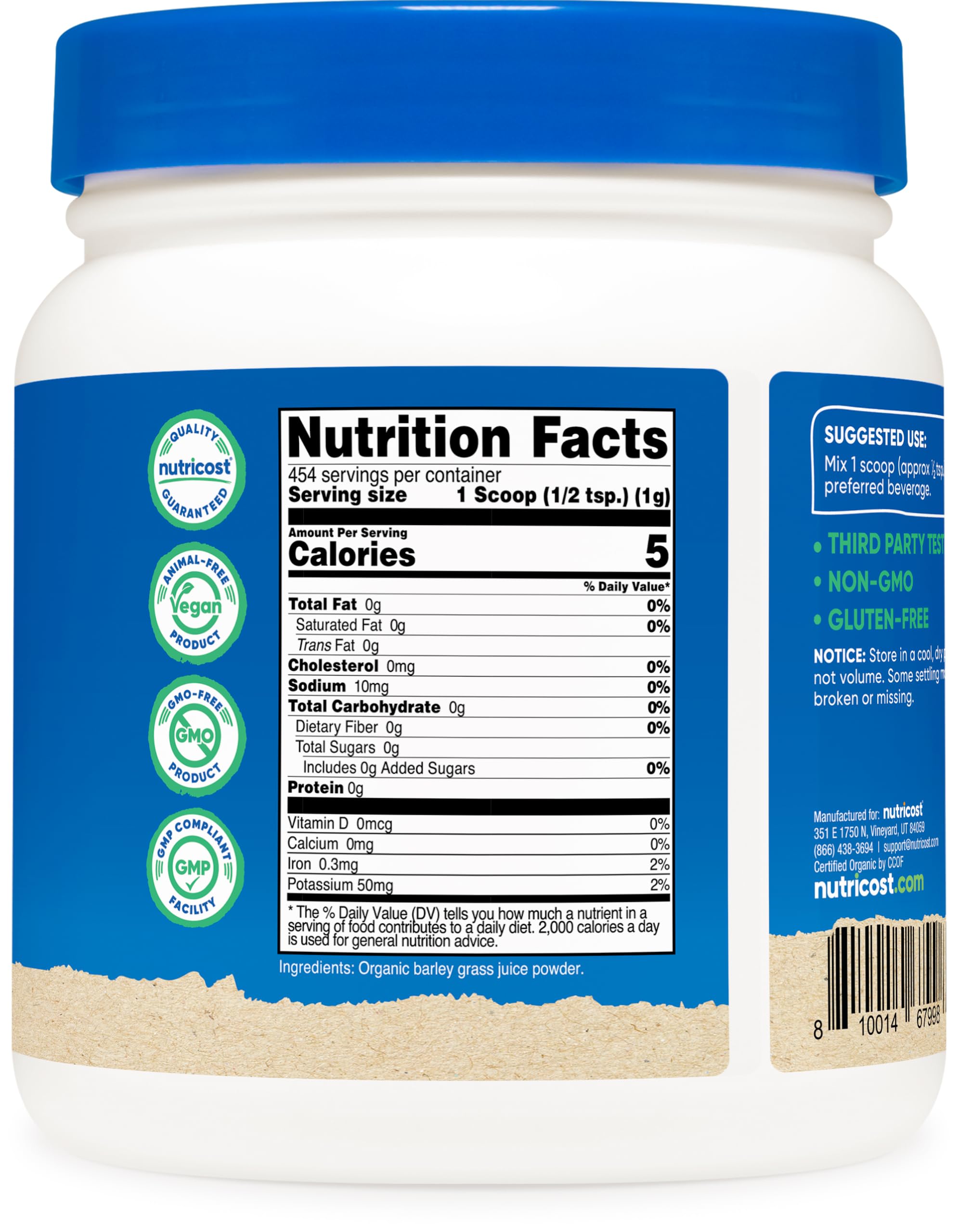 Foto 4 | Polvo Orgánico Hierba de Cebada Nutricost 454g Sin Sabor - Venta Internacional