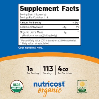 Foto 2 | Suplemento Nutricost De Hongos Orgánicos Lion's Mane En Polvo, 120 Ml - Venta Internacional.