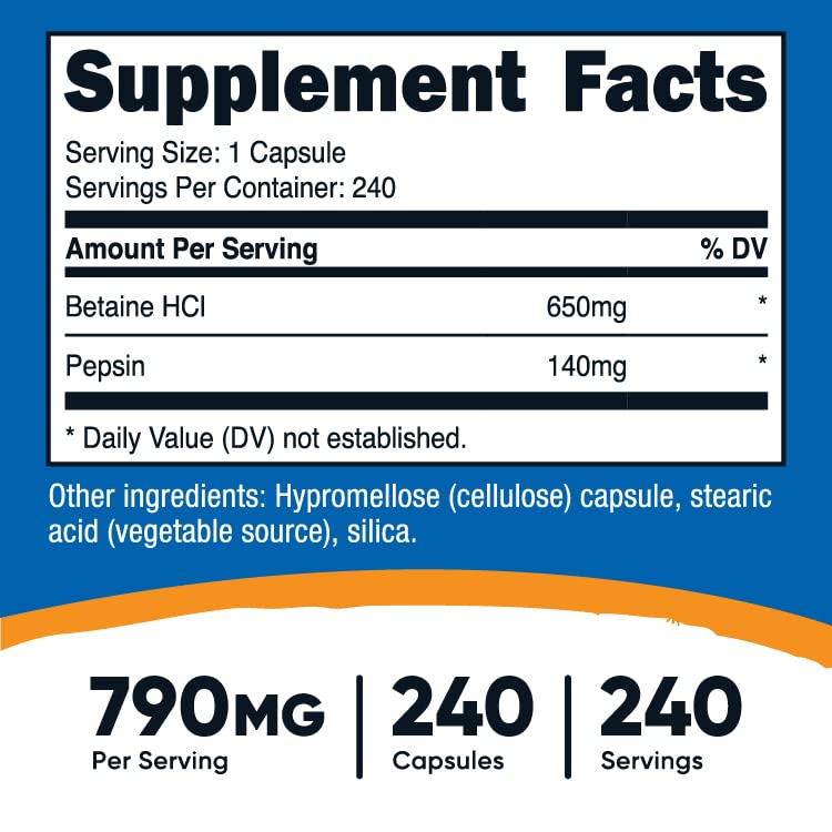 Foto 3 pulgar | Suplemento Nutricost Betaína Hcl + Pepsina 790 Mg 240 Cápsulas - Venta Internacional.