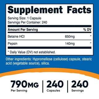 Foto 2 | Suplemento Nutricost Betaína Hcl + Pepsina 790 Mg 240 Cápsulas - Venta Internacional.