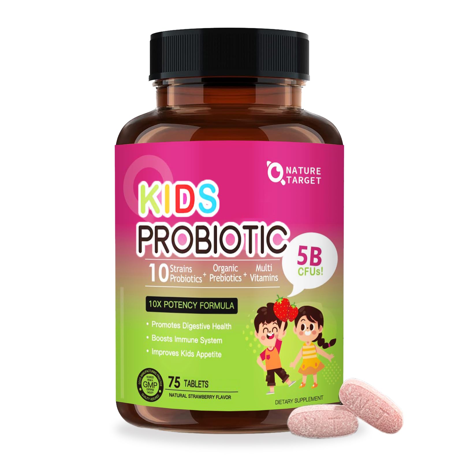 Suplemento Probiótico Masticable Nature Target Kids, 75 Porciones - Venta Internacional.