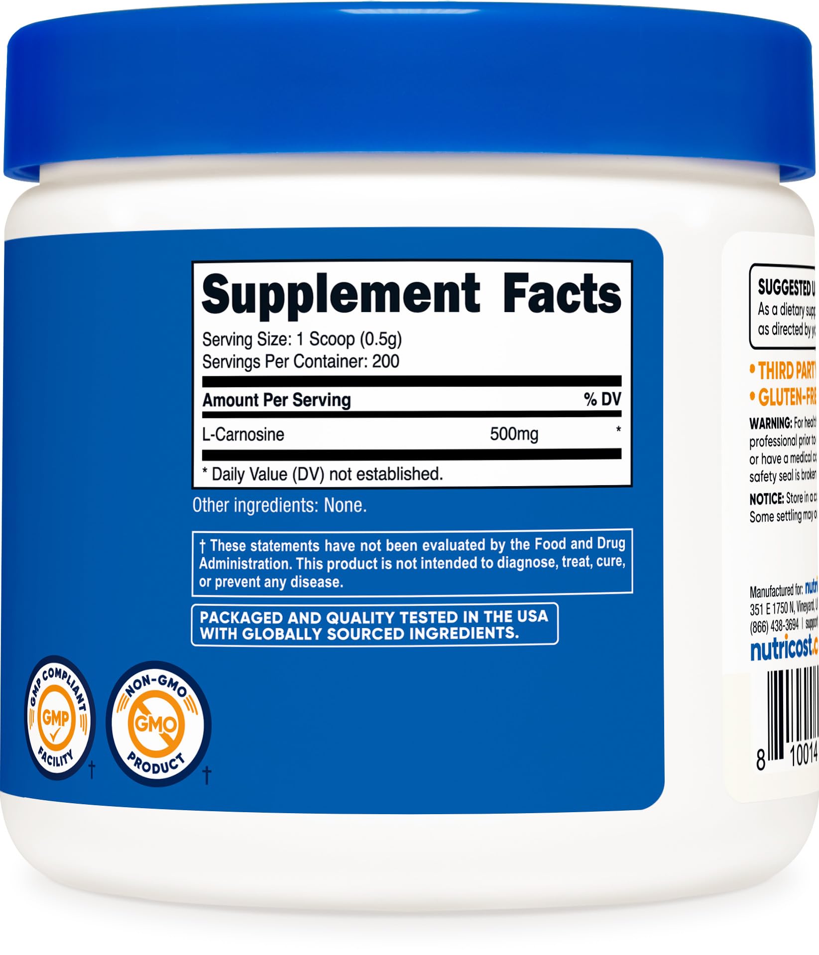 Foto 6 pulgar | Polvo de L-Carnosina Nutricost 100g sin OGM - Venta Internacional