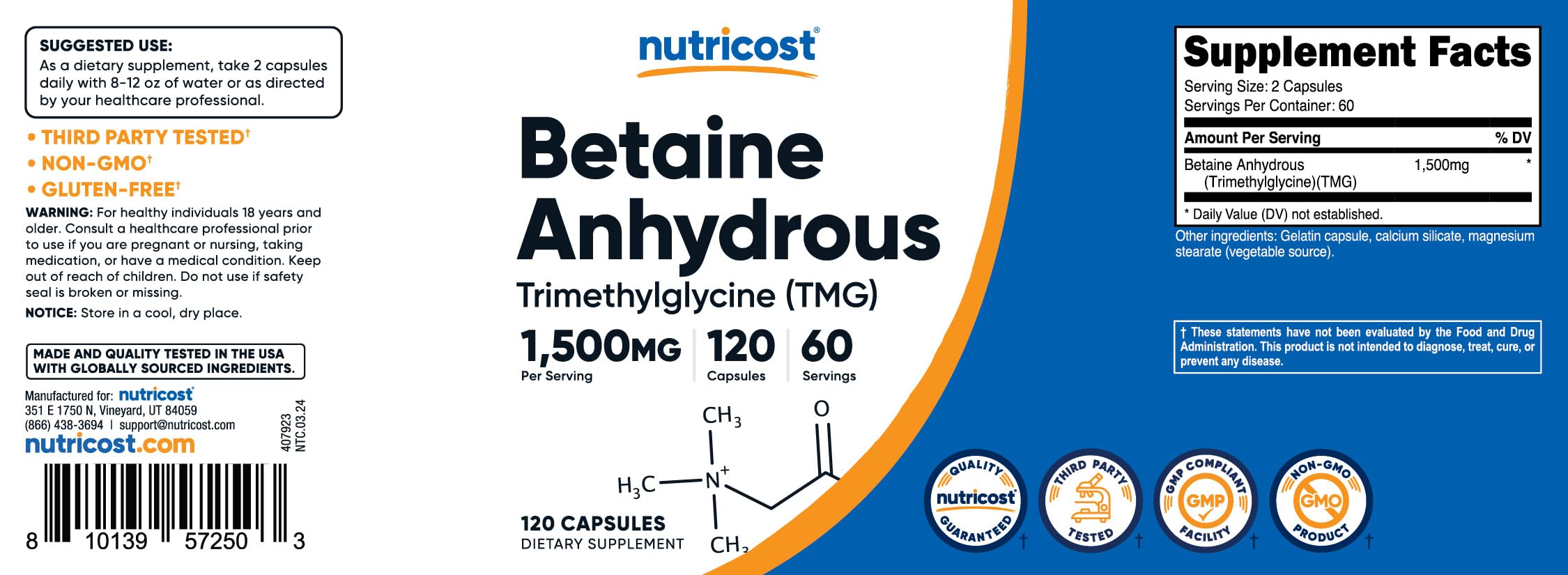 Foto 6 | Suplemento Nutricost Betaína Anhidra 1500 Mg 120 Cápsulas - Venta Internacional.