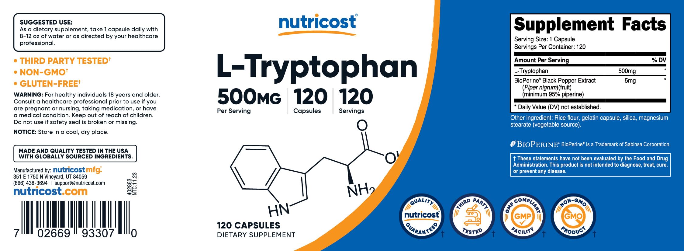 Foto 7 pulgar | Suplemento Nutricost L-triptófano 500 Mg 120 Cápsulas - Venta Internacional.