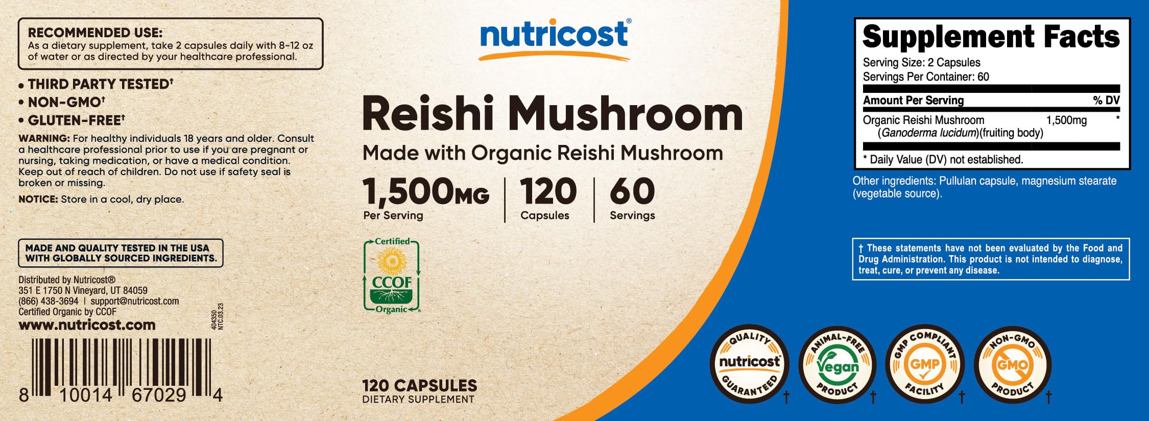 Foto 7 pulgar | Suplemento Nutricost Cápsulas De Hongos Reishi 1500 Mg 120 Unidades - Venta Internacional