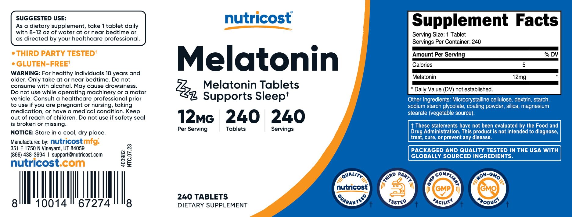 Foto 7 pulgar | Suplemento Nutricost Melatonin 12 Mg 240 Comprimidos Sin Ogm - Venta Internacional.