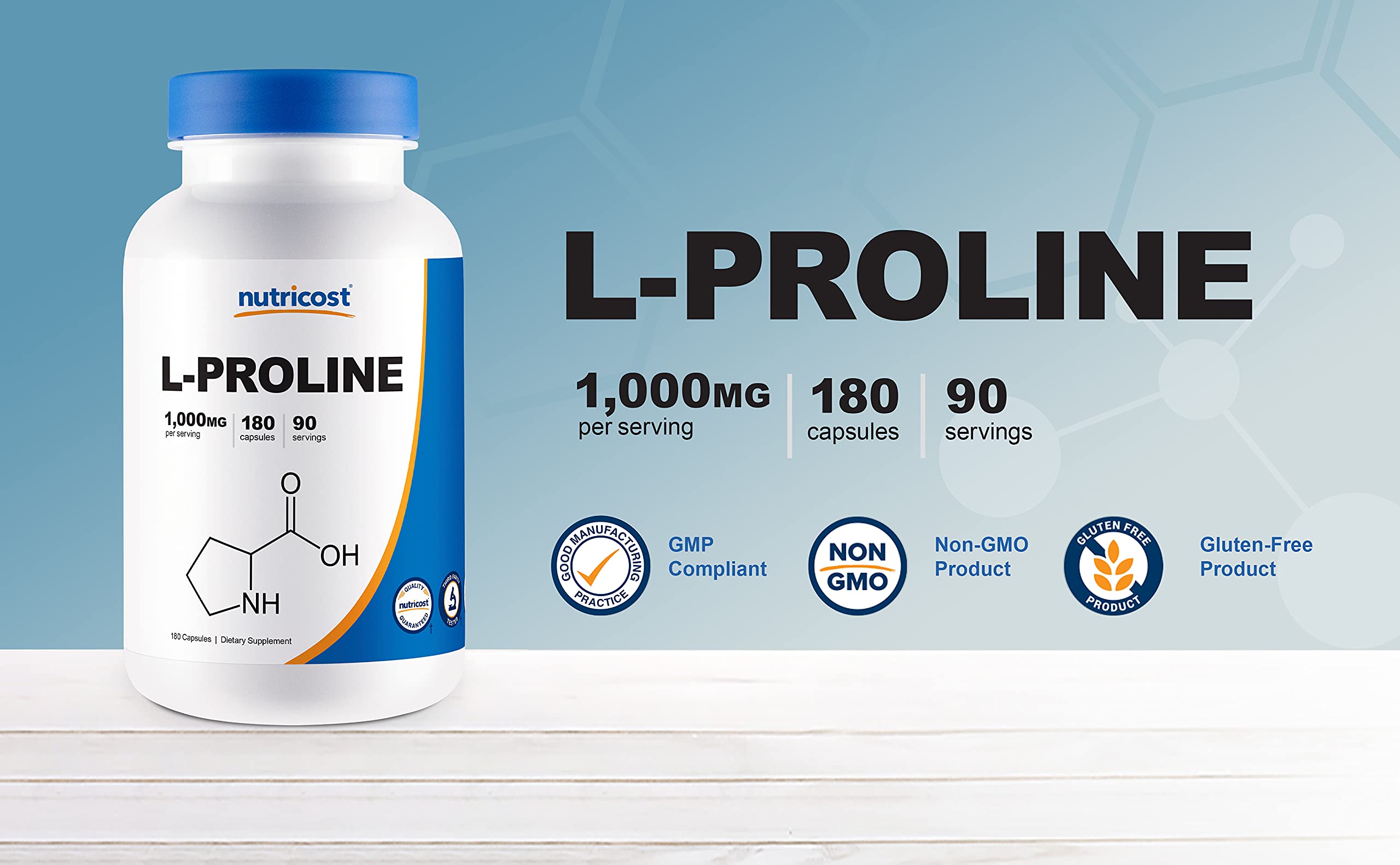 Foto 5 pulgar | Suplemento Nutricost L-prolina 1000 Mg 180 Cápsulas - Venta Internacional.