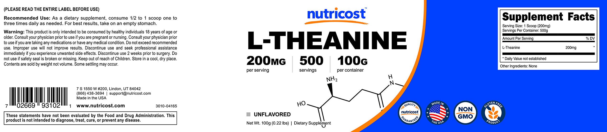 Foto 7 pulgar | Suplemento Nutricost De L-teanina En Polvo, 100 G, Sin Gluten Y Sin Ogm - Venta Internacional.