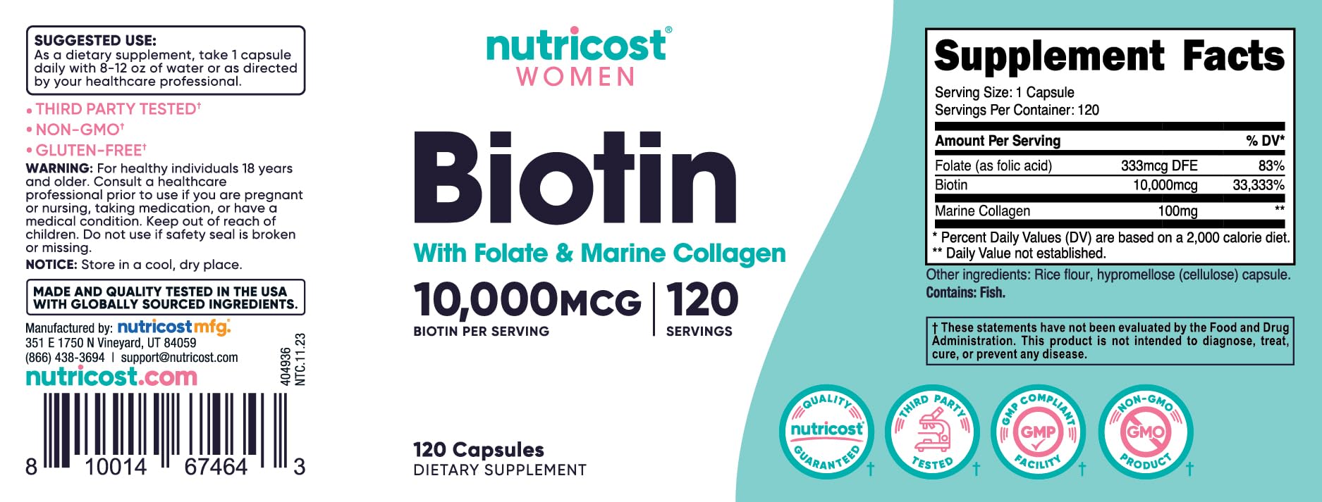 Foto 7 pulgar | Suplemento Nutricost De Biotina De 10,000 Mcg Con Folato Y Colágeno - Venta Internacional.