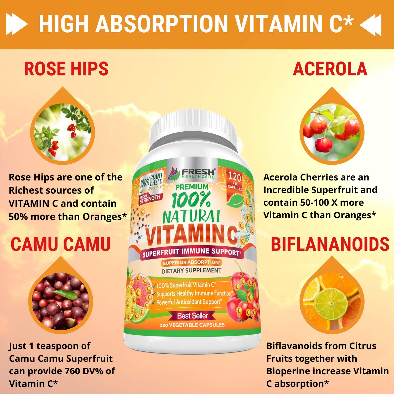Foto 5 | Suplemento Fresh Healthcare De Vitamina C Natural, 500 Mg, 120 Cápsulas - Venta Internacional.