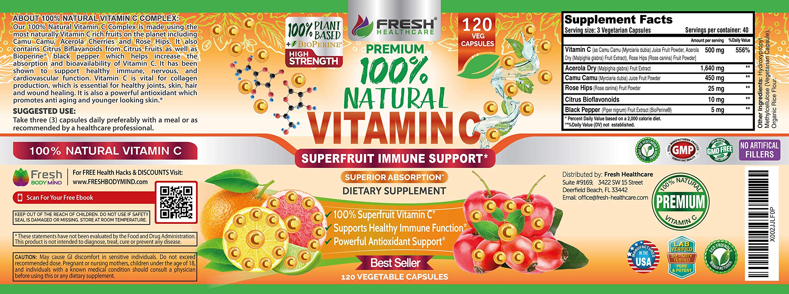 Foto 6 | Suplemento Fresh Healthcare De Vitamina C Natural, 500 Mg, 120 Cápsulas - Venta Internacional.