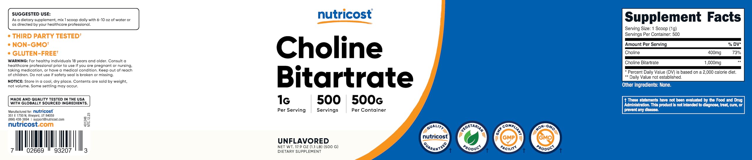 Foto 7 pulgar | Suplemento Nutricost De Bitartrato De Colina En Polvo 500 G - Venta Internacional.