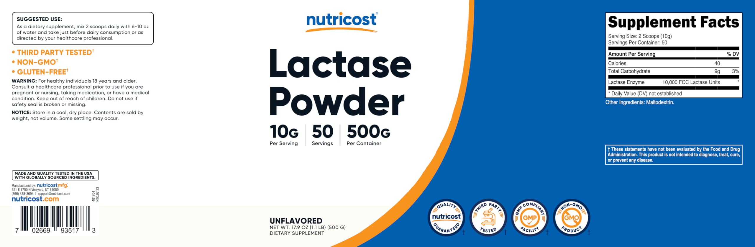Foto 7 pulgar | Suplemento Nutricost De Lactasa En Polvo, 500 G, Sin Ogm, Sin Gluten - Venta Internacional.