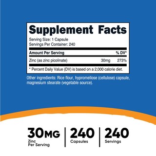 Foto 2 | Suplemento Nutricost Picolinato Zinc 30 Mg 240 Cápsulas - Venta Internacional