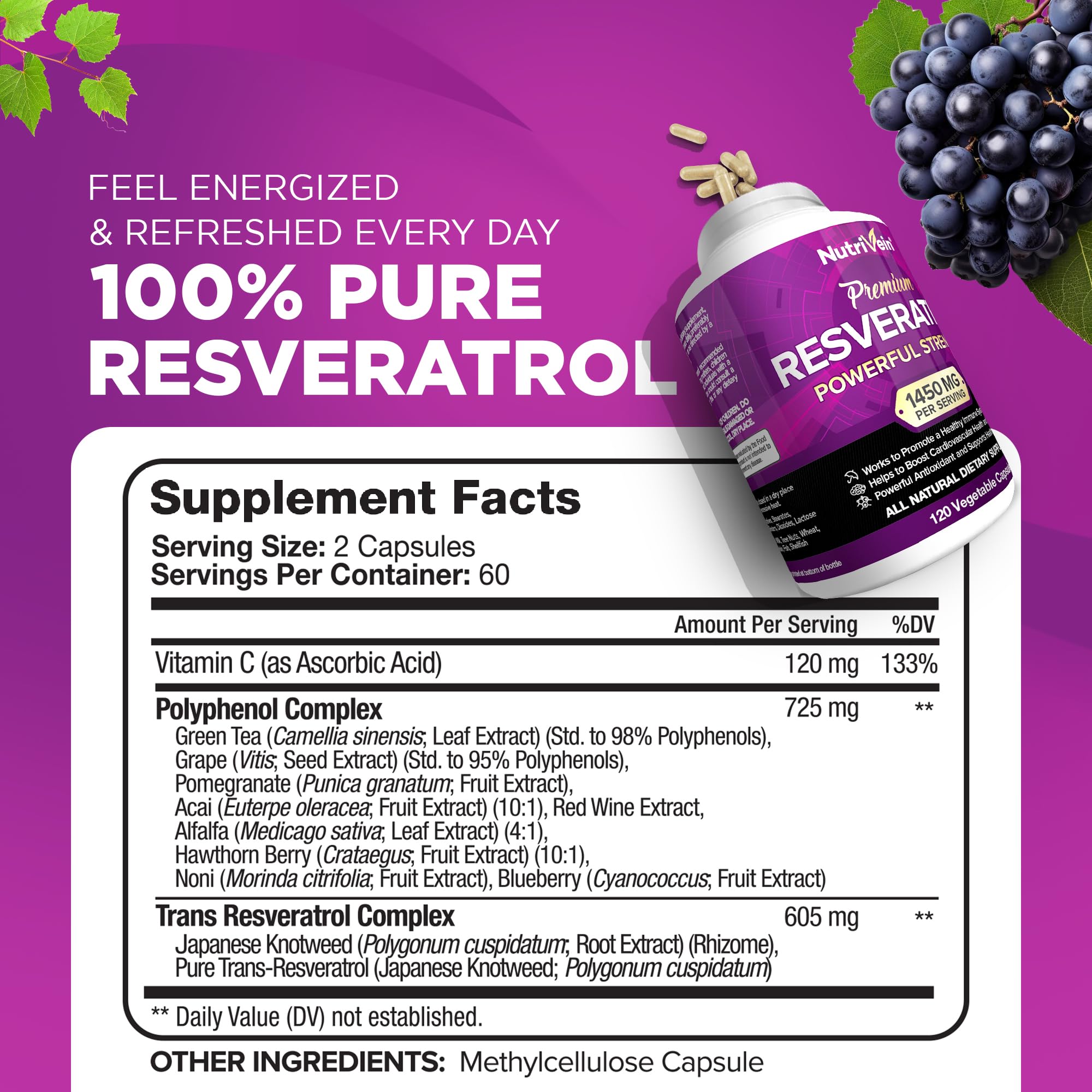 Foto 3 pulgar | Suplemento Nutrivein Resveratrol 1450 Mg 120 Cápsulas - Venta Internacional