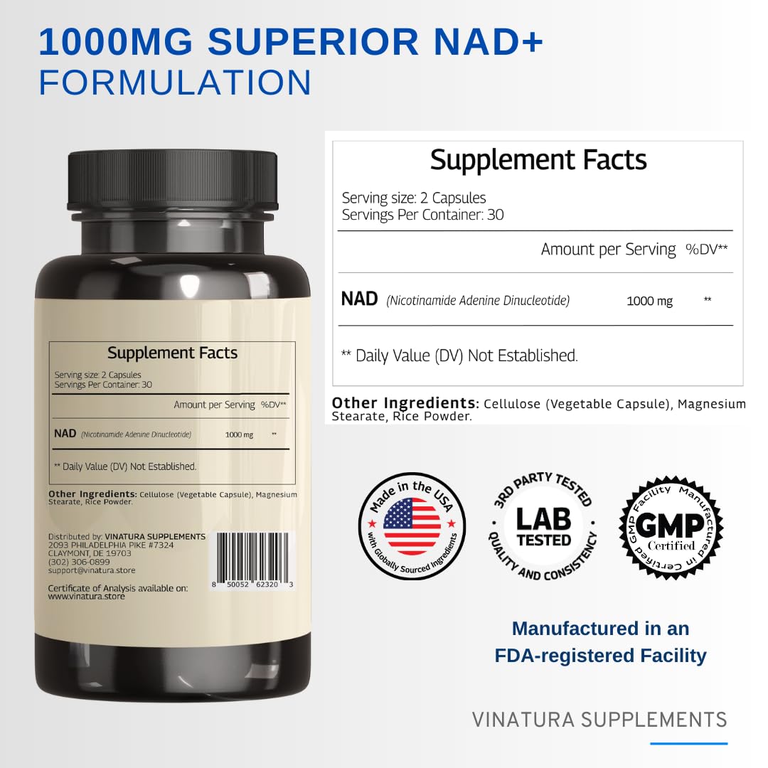 Foto 2 | Suplemento Vinatura Nad 1000 Mg De Nad Puro Antienvejecimiento 60 Cápsulas - Venta Internacional.