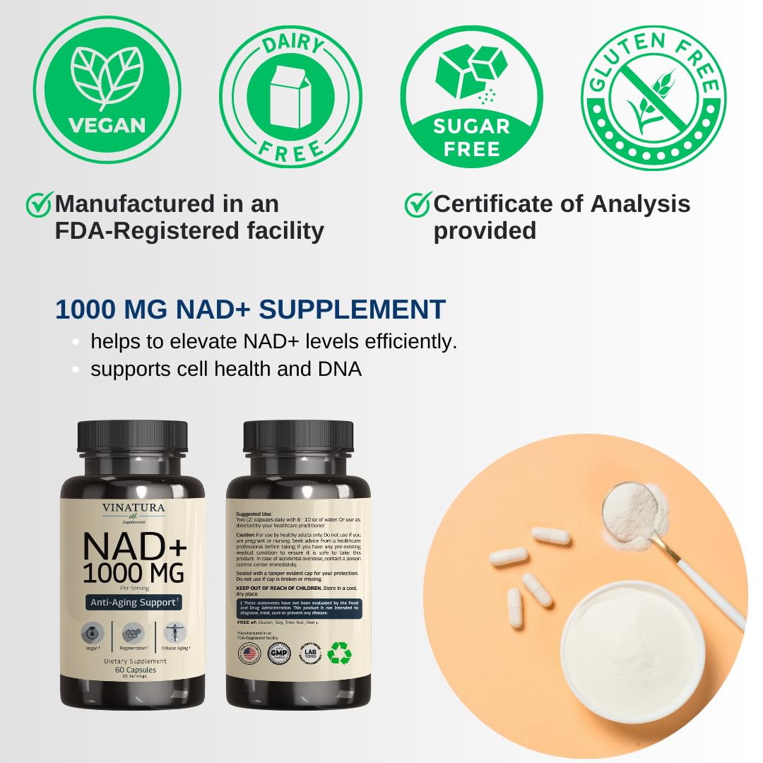 Foto 3 | Suplemento Vinatura Nad 1000 Mg De Nad Puro Antienvejecimiento 60 Cápsulas - Venta Internacional.
