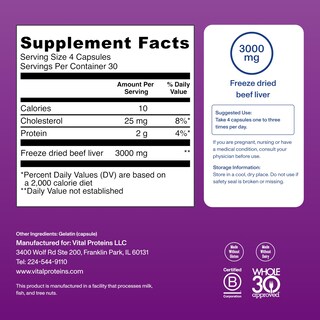 Foto 4 | Suplemento De Vital Proteins: Hígado De Res Desecado Alimentado Con Pasto - Venta Internacional.