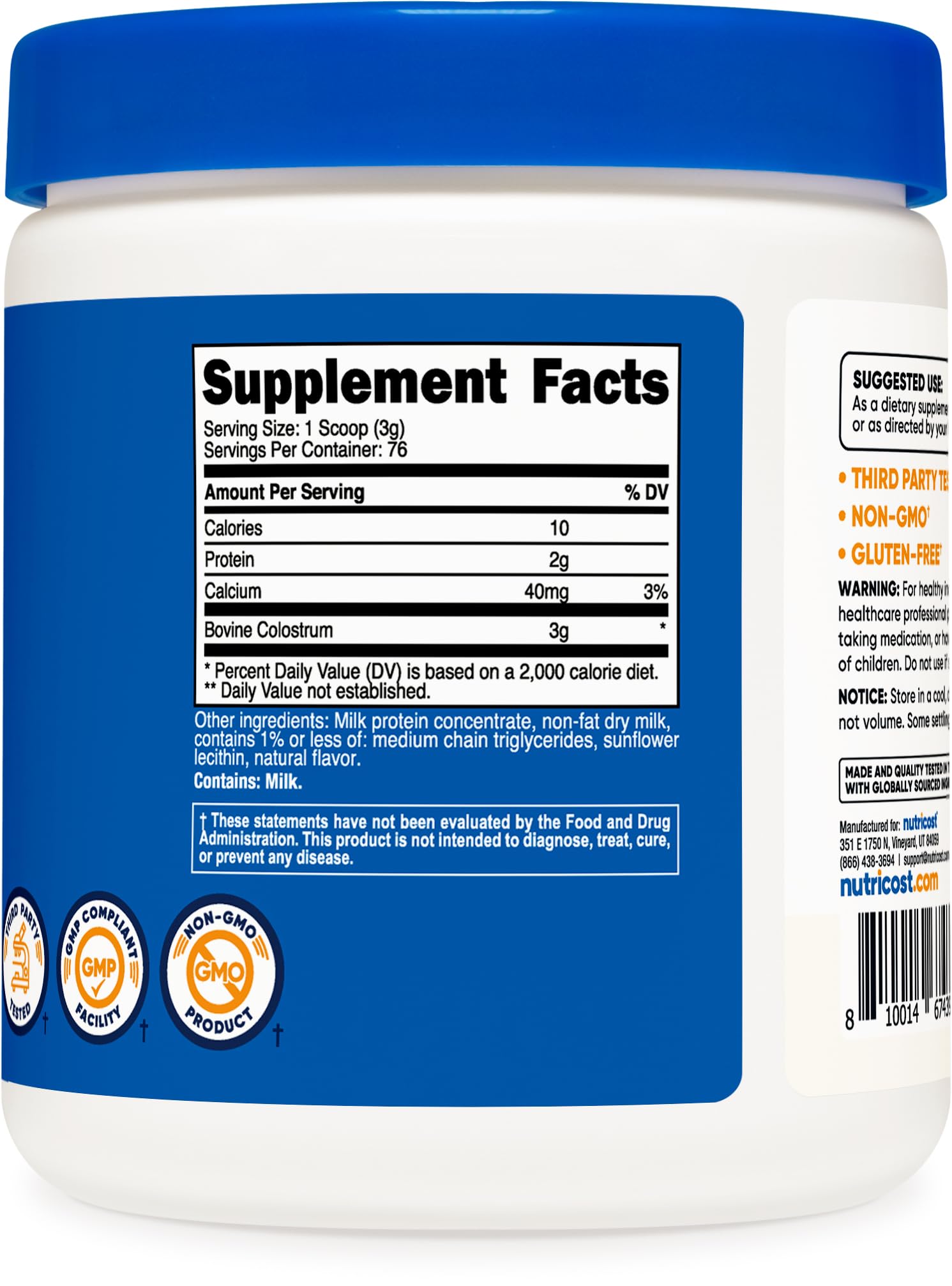 Foto 6 pulgar | Suplemento De Calostro En Polvo Nutricost, 240 Ml, 30% De Anticuerpos Igg - Venta Internacional.