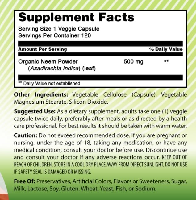 Foto 5 pulgar | Suplemento Amazing India Neem 500 Mg 120 Cápsulas Vegetarianas - Venta Internacional.