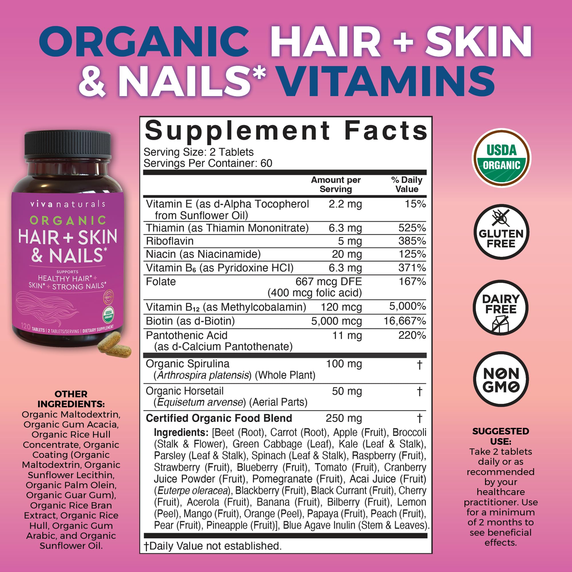 Foto 2 | Suplemento Viva Naturals Para Cabello, Piel Y Uñas, Biotina, 5000 Mcg, Mujeres - Venta Internacional.