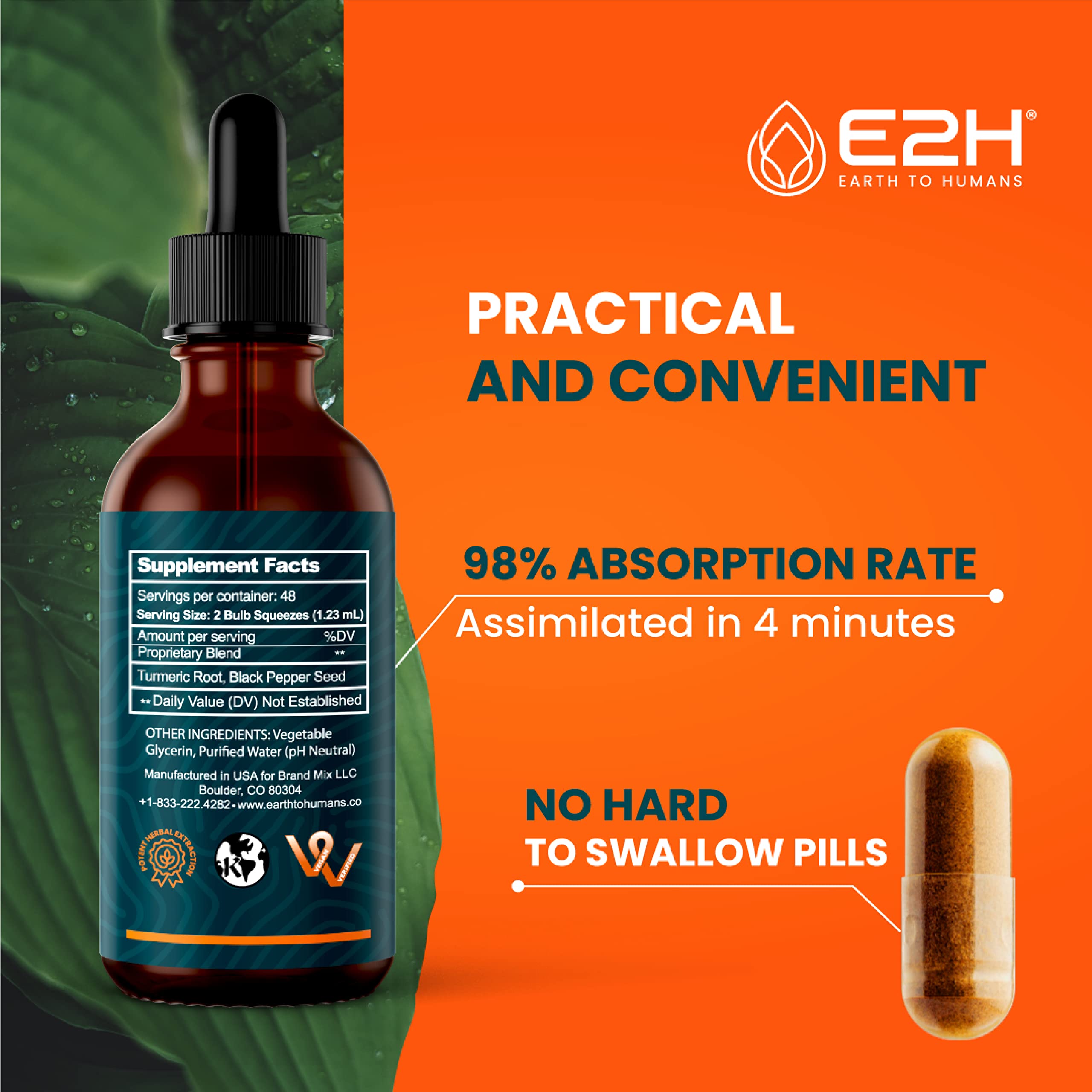 Foto 5 pulgar | Suplemento E2h De Cúrcuma Líquida Y Curcumina, 60 Ml, Con Pimienta Negra - Venta Internacional.