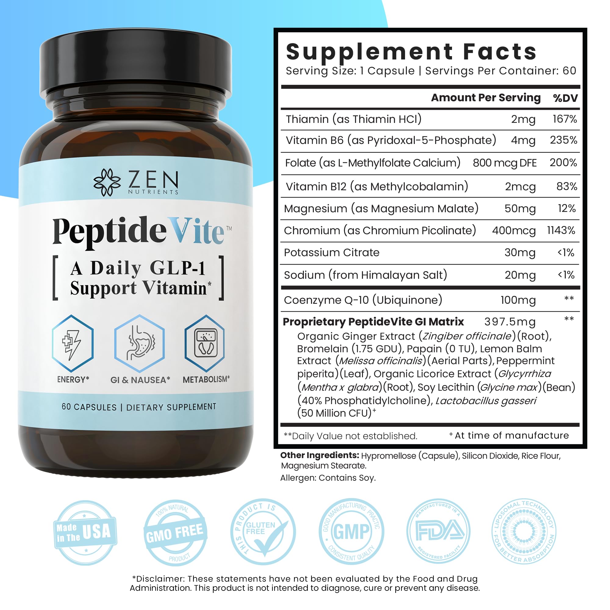 Foto 5 | Suplemento Zen Nutrients Peptidevite Glp-1 Support 60 Cápsulas - Venta Internacional.