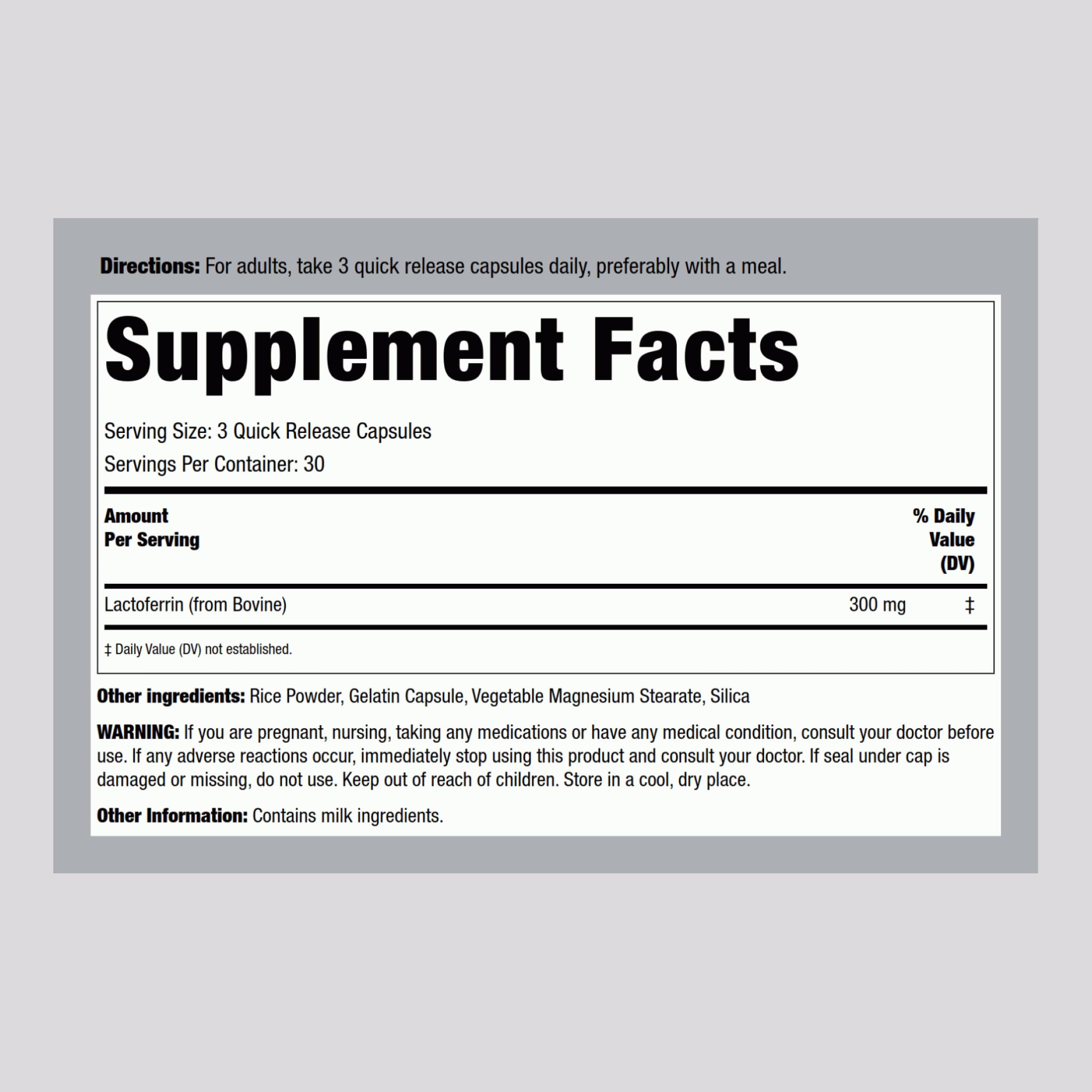 Foto 2 | Suplementos Piping Rock, Lactoferrina, 300 Mg, 90 Cápsulas - Venta Internacional.