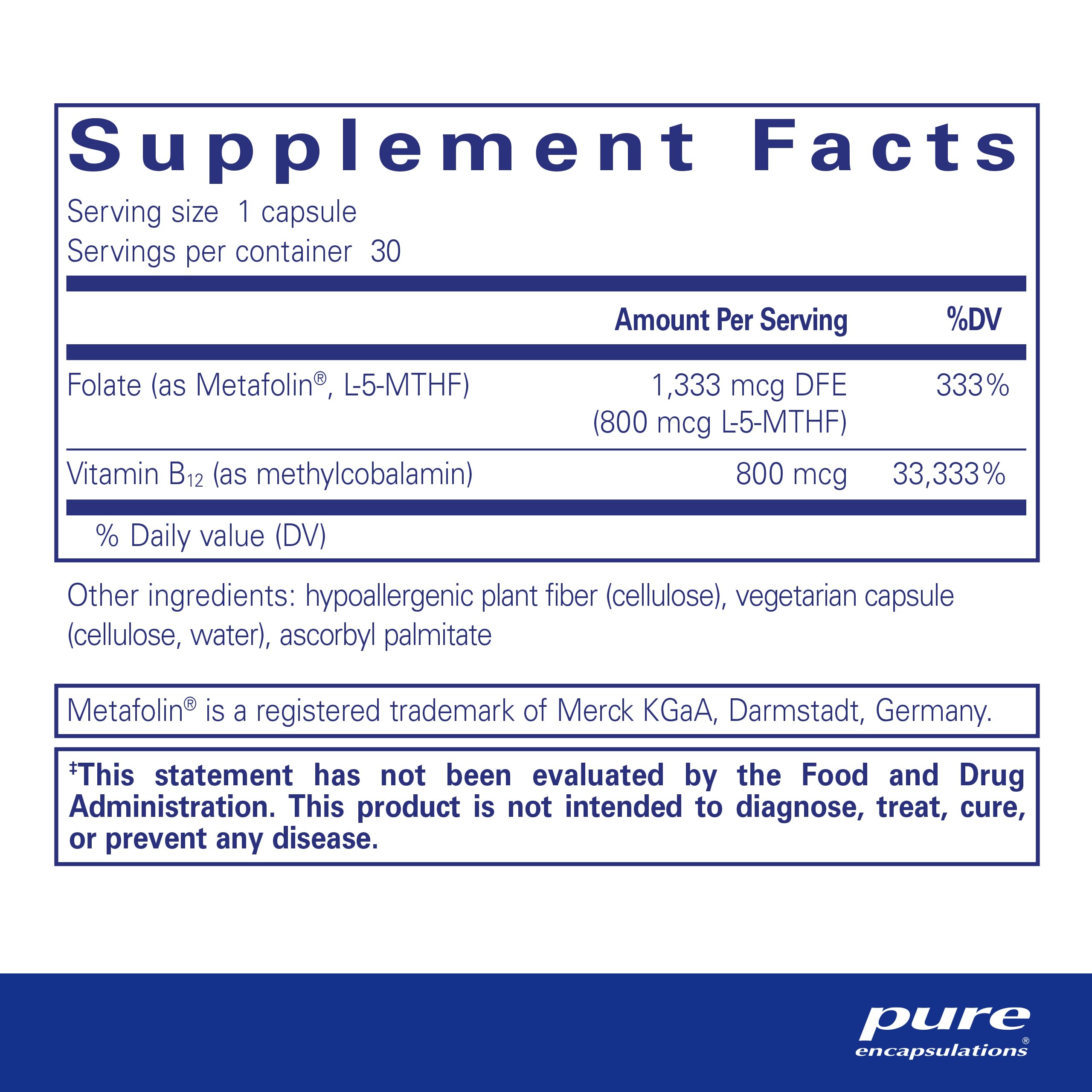 Foto 3 pulgar | Suplemento De Folato B12 De Pure Encapsulations, 30 Cápsulas - Venta Internacional.
