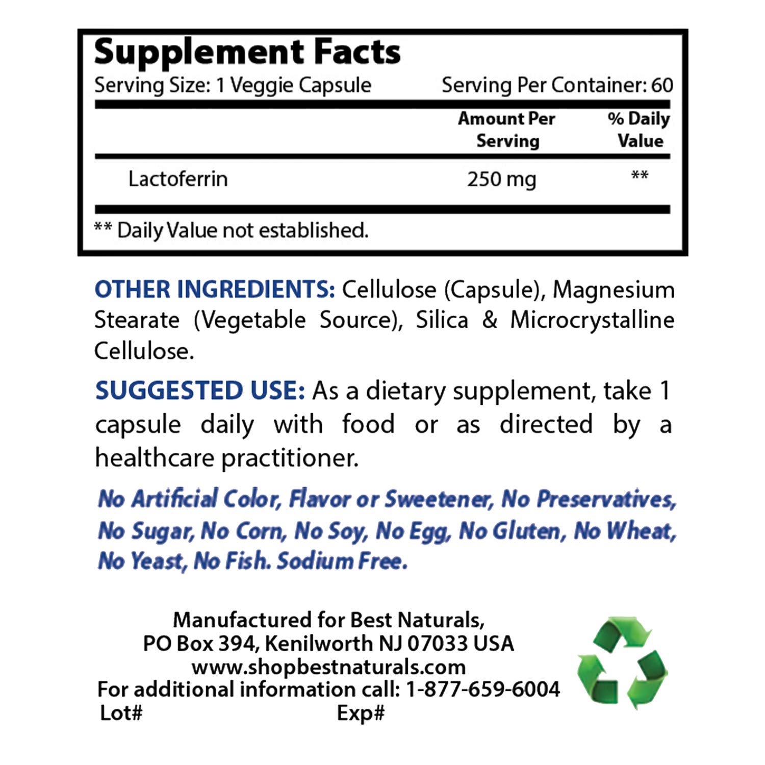 Foto 3 pulgar | Suplemento Best Naturals De Lactoferrina 250 Mg, 60 Cápsulas Vegetarianas - Venta Internacional.