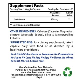 Foto 2 | Suplemento Best Naturals De Lactoferrina 250 Mg, 60 Cápsulas Vegetarianas - Venta Internacional.
