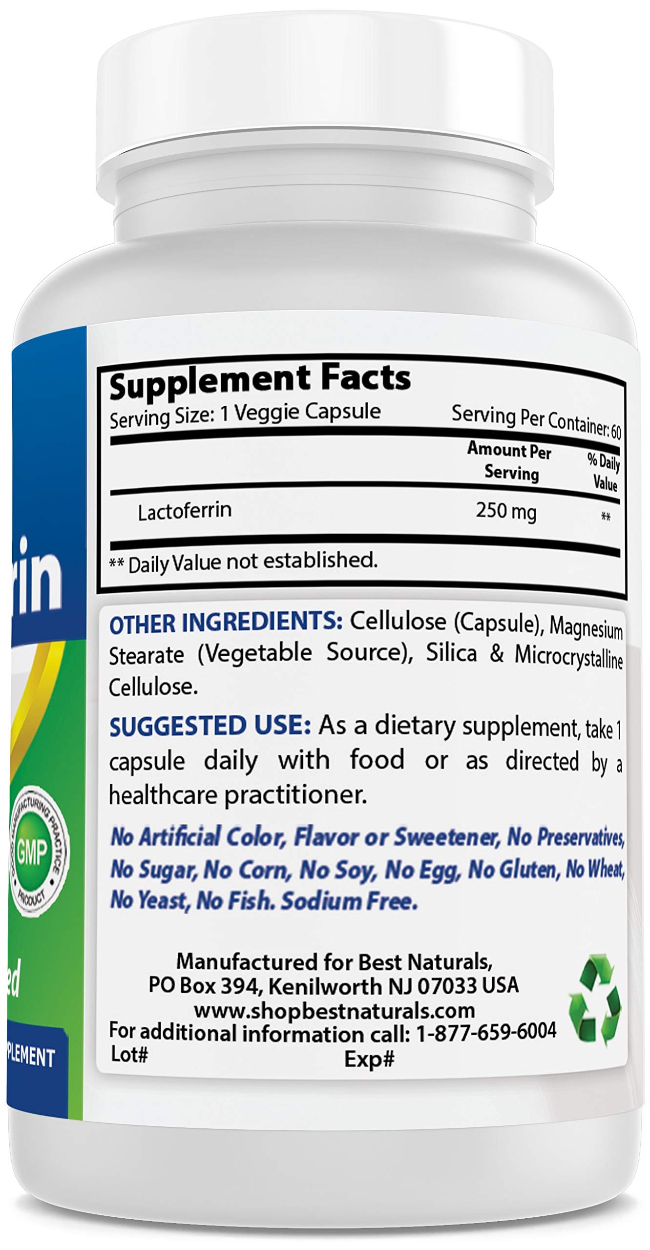 Foto 6 pulgar | Suplemento Best Naturals De Lactoferrina 250 Mg, 60 Cápsulas Vegetarianas - Venta Internacional.