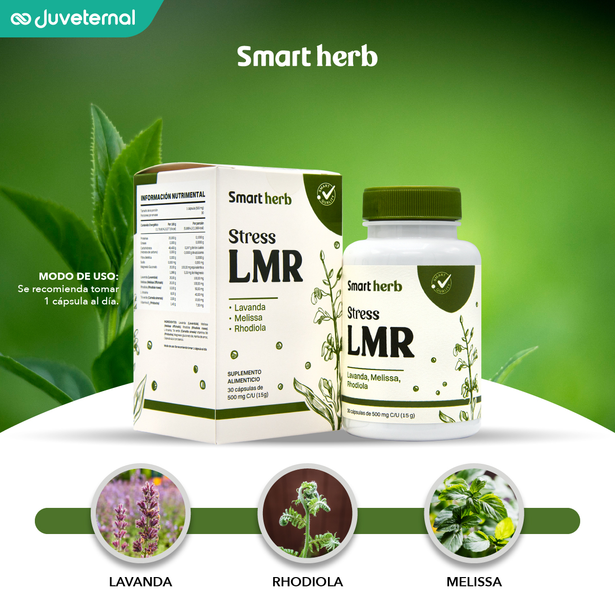 Foto 3 pulgar | Smart Herb Paquete Stress Lmr, Suplemento Alimenticio, 2 Piezas (30 Cápsulas C/u) Con Lavanda, Melissa Y Rhodiola