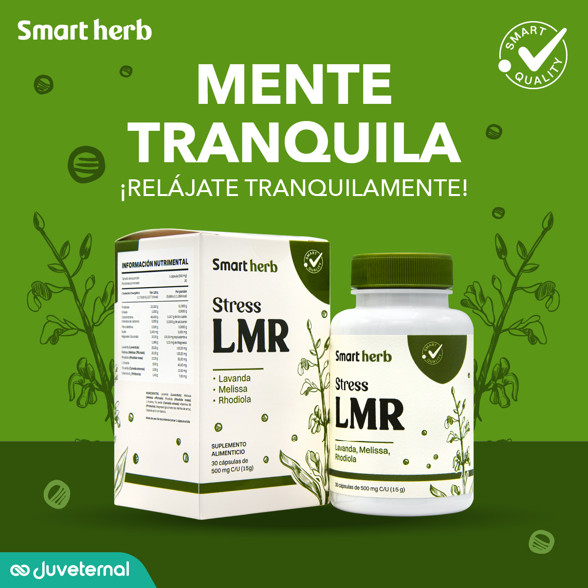 Foto 5 pulgar | Smart Herb Paquete Stress Lmr, Suplemento Alimenticio, 2 Piezas (30 Cápsulas C/u) Con Lavanda, Melissa Y Rhodiola