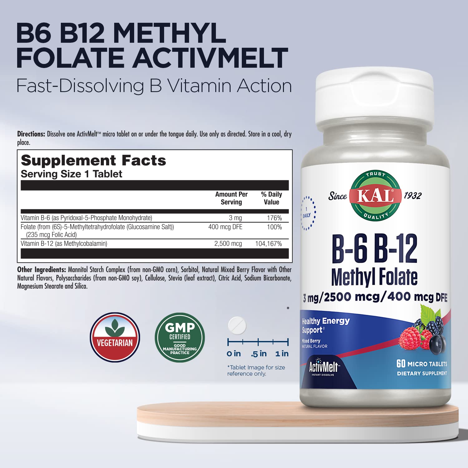 Foto 3 pulgar | Suplemento De Vitamina B Kal Activmelt B-6 B-12 Metilfolato - Venta Internacional.