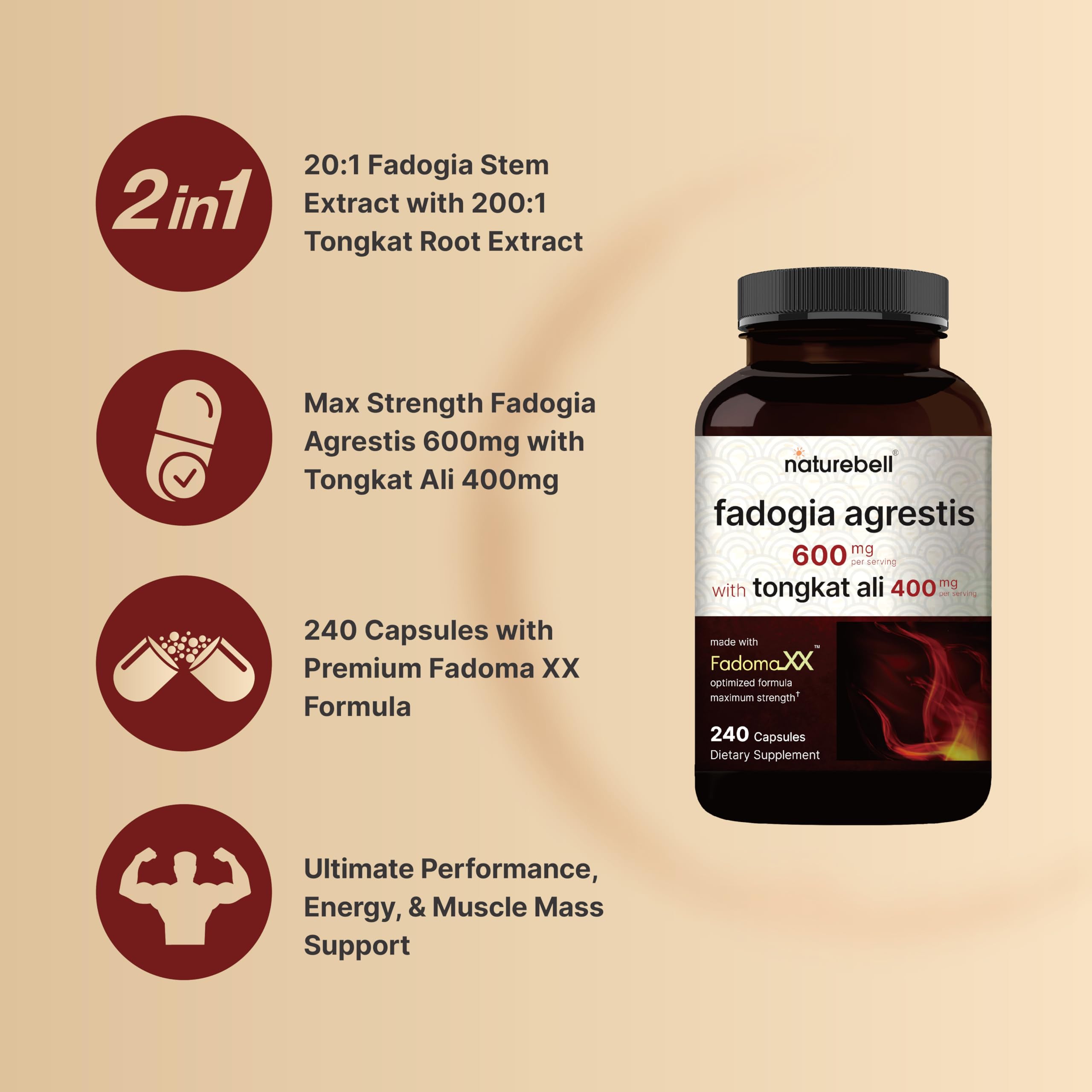 Foto 4 pulgar | Suplemento Naturebell Fadogia Agrestis 600 Mg Con Tongkat Ali 400 Mg - Venta Internacional.