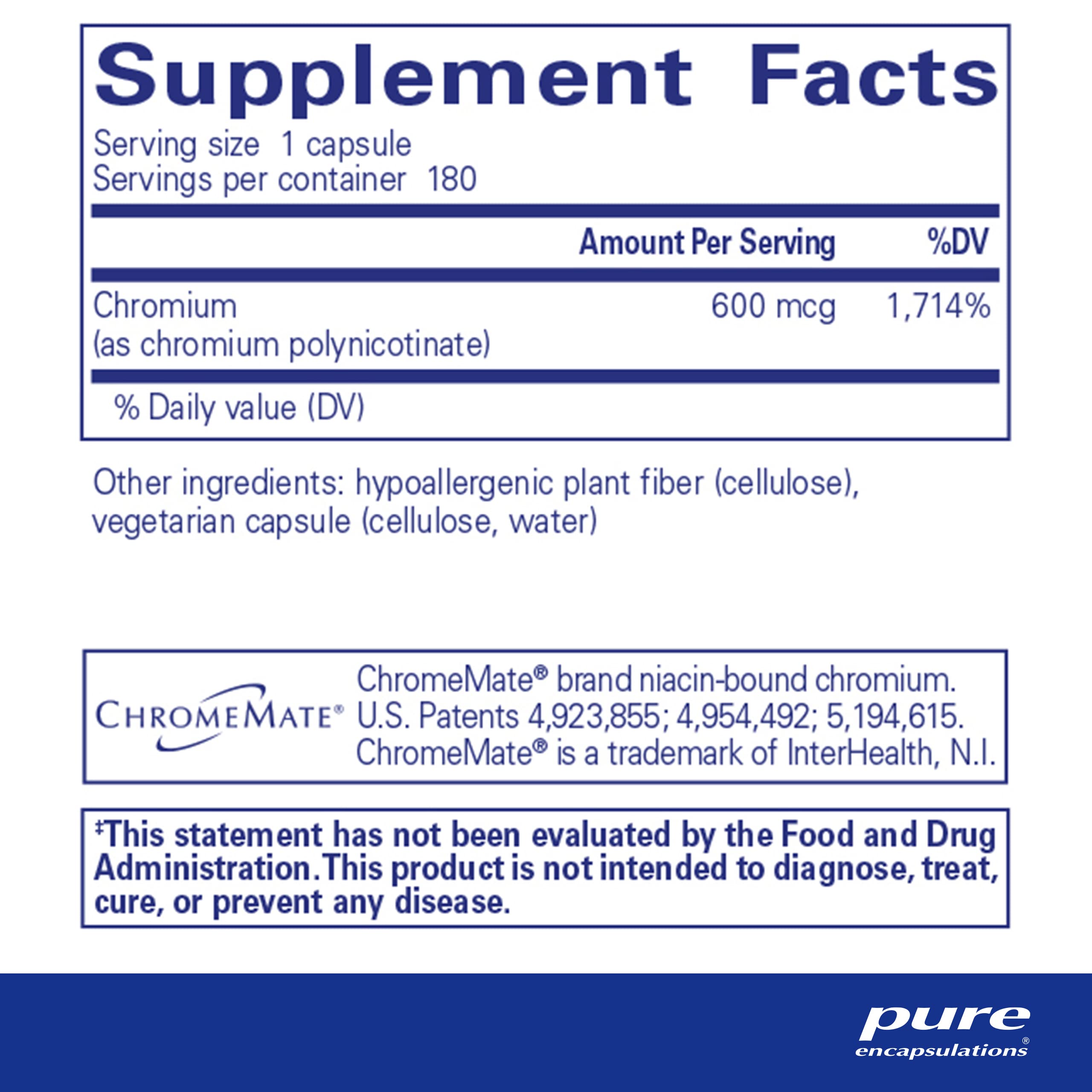 Foto 3 pulgar | Suplemento Pure Encapsulations Chromemate Gtf 600 180 Cápsulas - Venta Internacional.