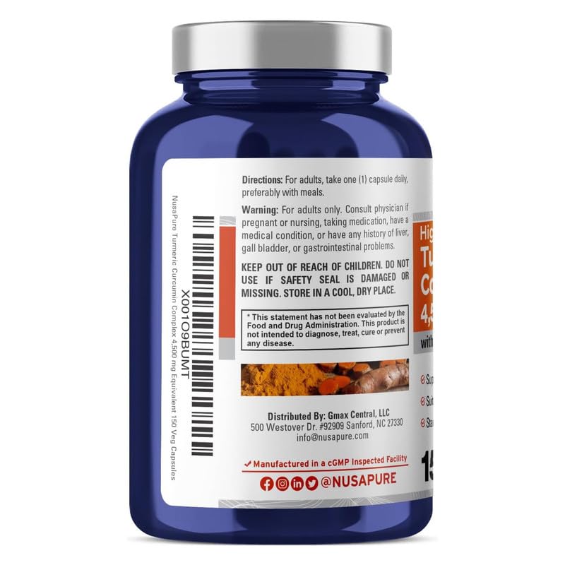 Foto 5 pulgar | Suplemento Del Complejo De Cúrcuma Y Curcumina Nusapure, 4.500 Mg, 150 Cápsulas - Venta Internacional.