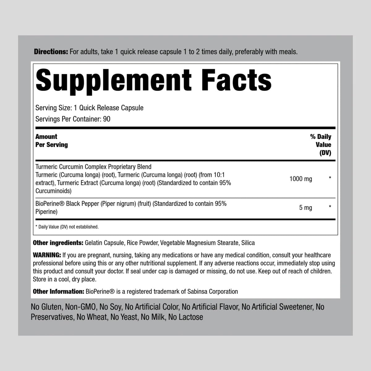 Foto 2 | Suplemento Piping Rock, Cúrcuma Y Curcumina, 1000 Mg, 90 Cápsulas - Venta Internacional.