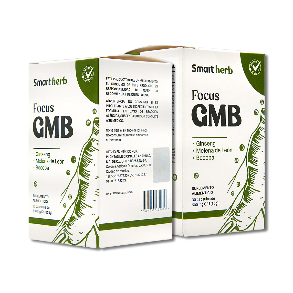 Suplemento Alimenticio Smart Herb Paquete Focus GMB 2 Piezas 30 Cápsulas c/u con Ginseng Melena de León y Bocopa