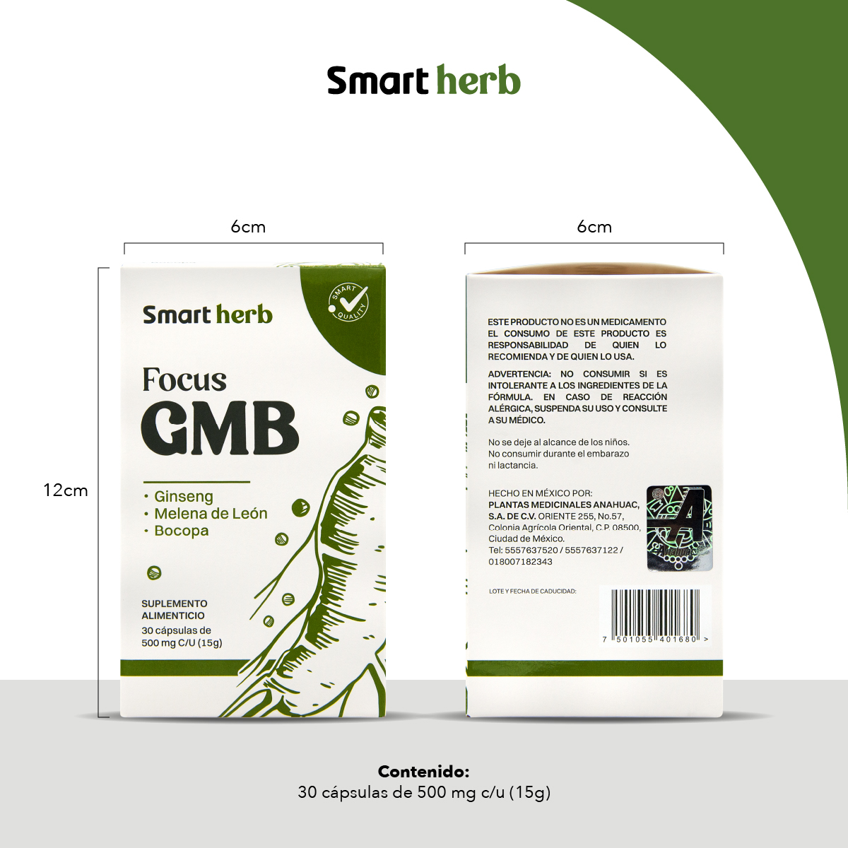 Foto 9 pulgar | Suplemento Alimenticio Smart Herb Paquete Focus GMB 2 Piezas 30 Cápsulas c/u con Ginseng Melena de León y Bocopa