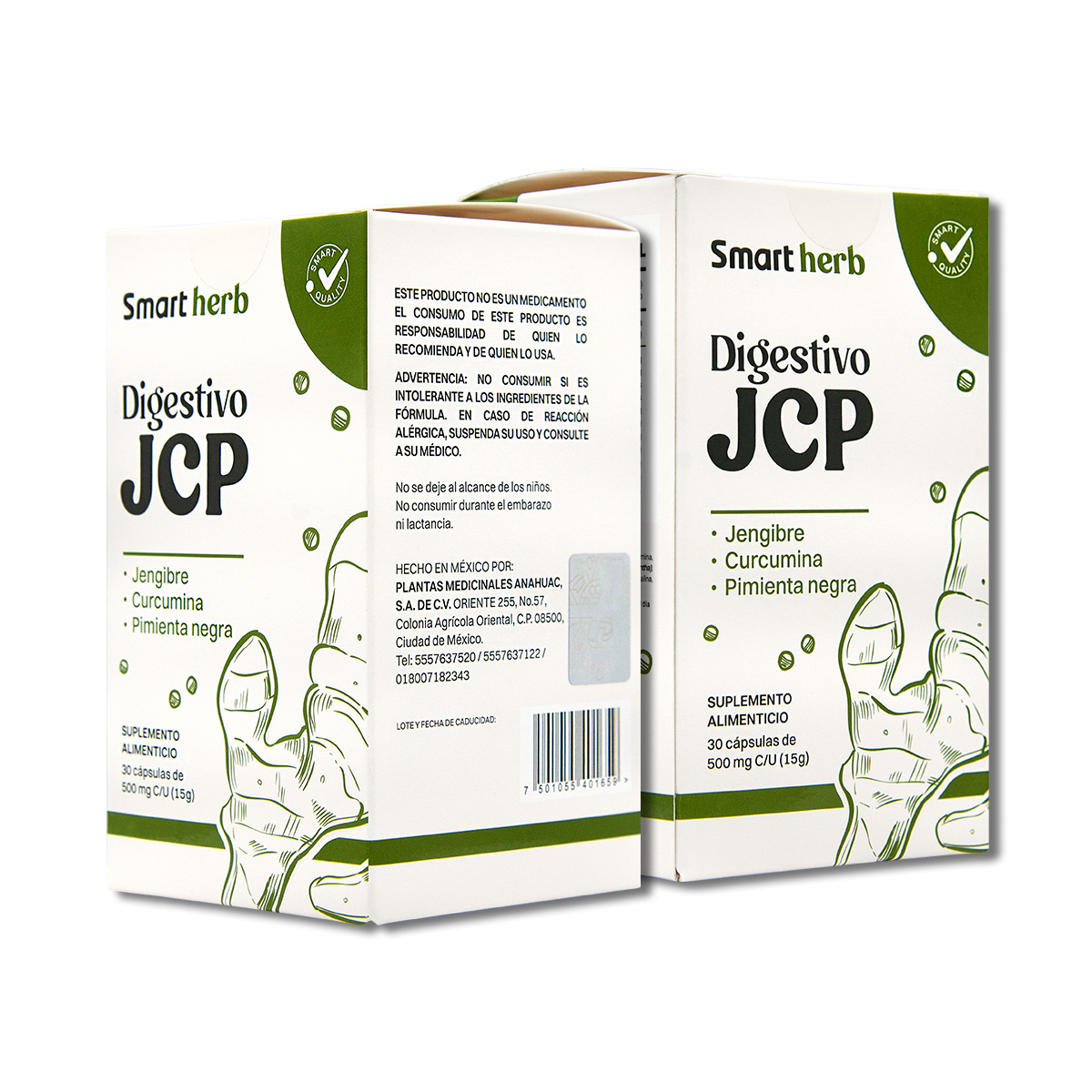 Foto 2 pulgar | Smart Herb Paquete Digestivo Jcp, Suplemento Alimenticio, 2 Piezas (30 Cápsulas C/u) Con Jengibre, Curcumina Y Pim
