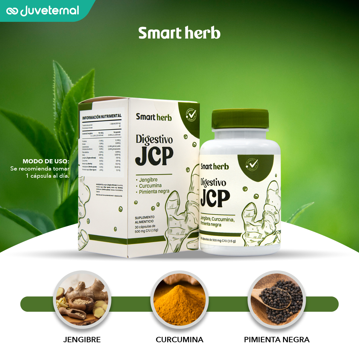 Foto 3 pulgar | Smart Herb Paquete Digestivo Jcp, Suplemento Alimenticio, 2 Piezas (30 Cápsulas C/u) Con Jengibre, Curcumina Y Pim