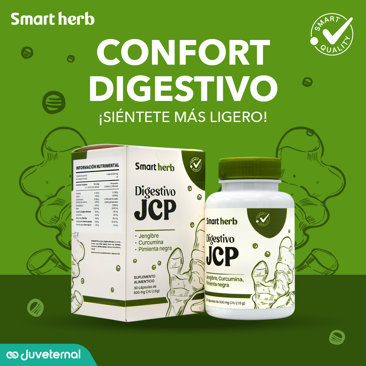 Foto 5 pulgar | Smart Herb Paquete Digestivo Jcp, Suplemento Alimenticio, 2 Piezas (30 Cápsulas C/u) Con Jengibre, Curcumina Y Pim