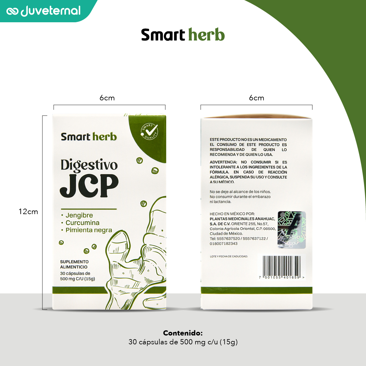 Foto 9 pulgar | Smart Herb Paquete Digestivo Jcp, Suplemento Alimenticio, 2 Piezas (30 Cápsulas C/u) Con Jengibre, Curcumina Y Pim