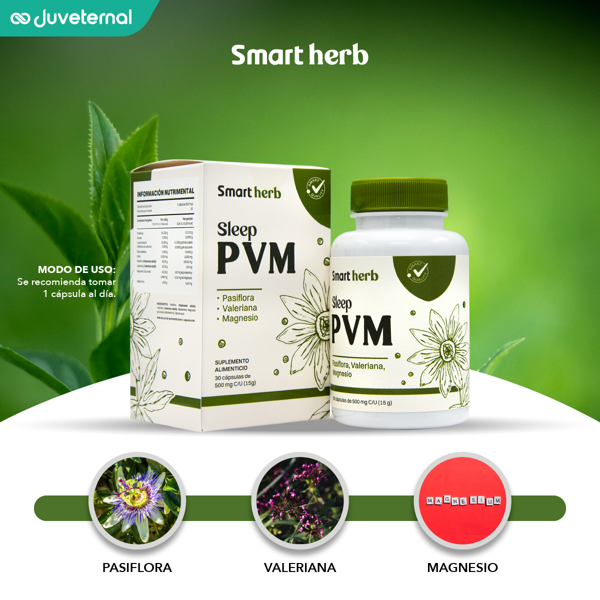 Foto 3 pulgar | Smart Herb Paquete Sleep Pvm, Suplemento Alimenticio, 2 Piezas (30 Cápsulas C/u) Con Pasiflora, Valeriana Y Magnesio