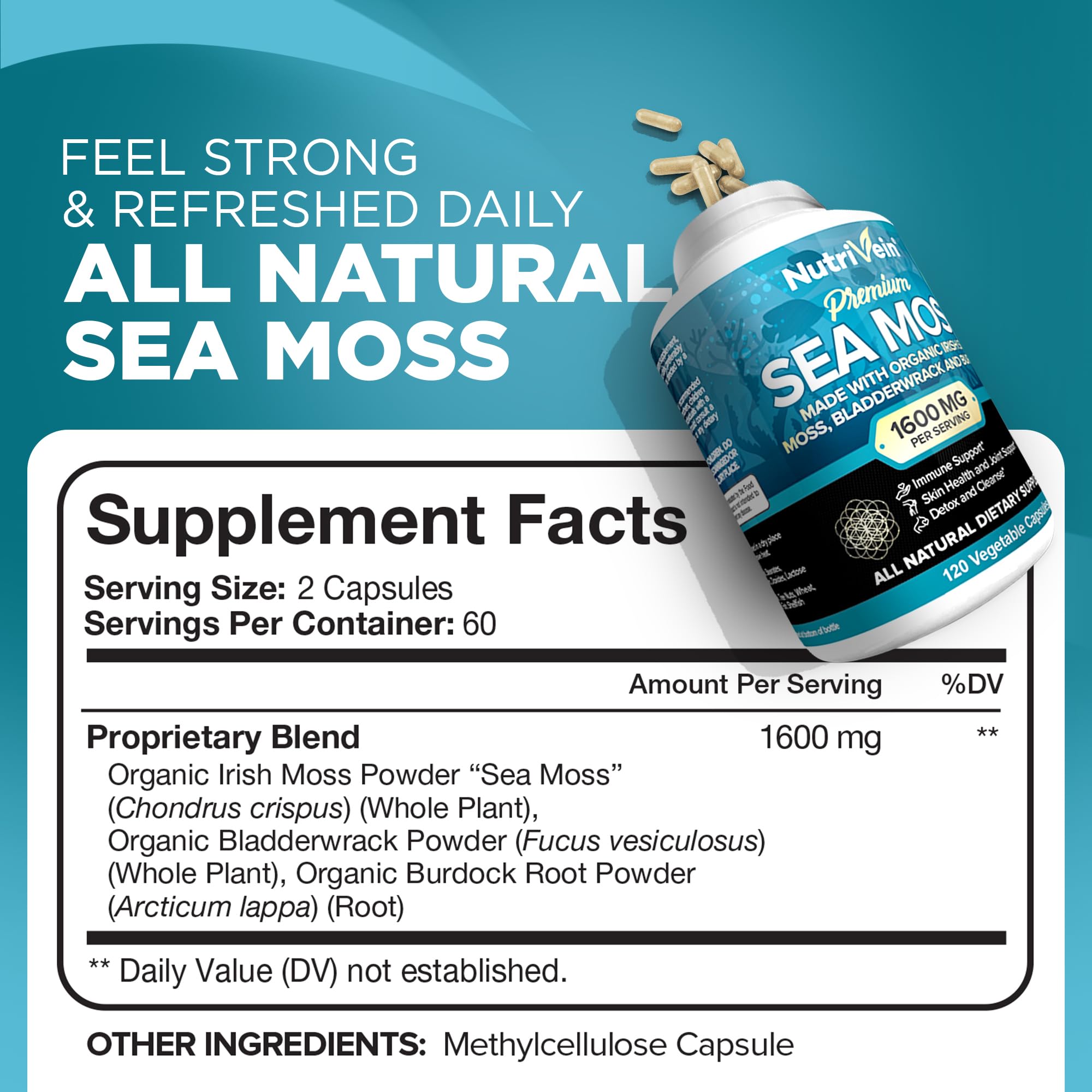 Foto 3 pulgar | Suplemento Nutrivein Organic Sea Moss 1600 mg con Fucus y Bardana 120 Cápsulas - Venta Internacional
