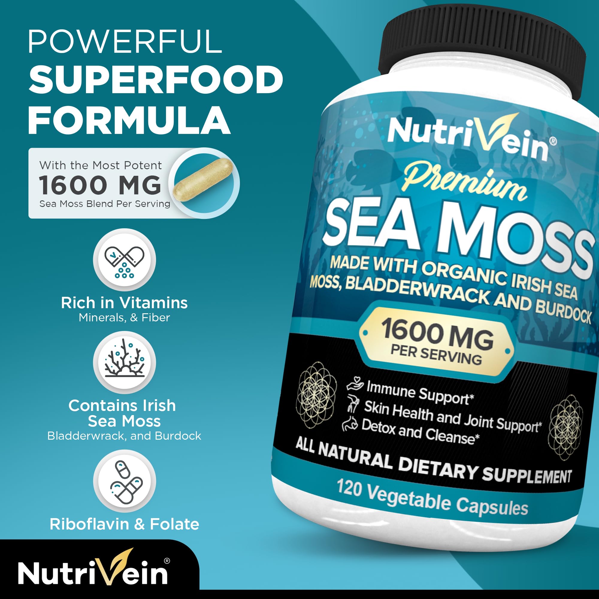 Foto 4 pulgar | Suplemento Nutrivein Organic Sea Moss 1600 mg con Fucus y Bardana 120 Cápsulas - Venta Internacional